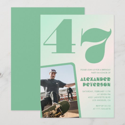 緑グラデーション47th誕生日招待状Boy Photo 招待状 (正面/裏面)