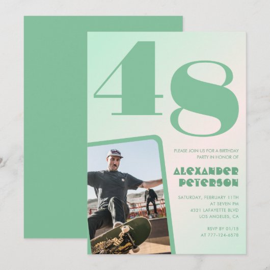 緑グラデーション48th誕生日招待状Boy Photo 招待状 (正面/裏面)