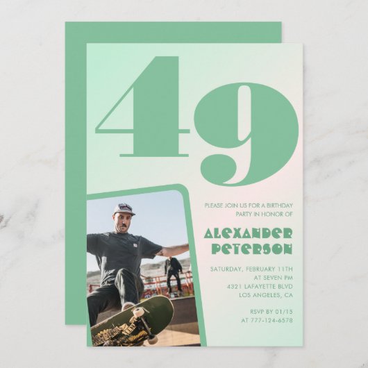 緑グラデーション49th誕生日招待状Boy Photo 招待状 (正面/裏面)