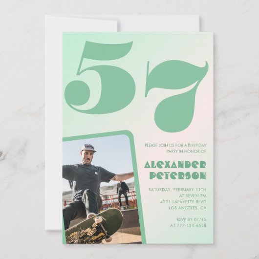 緑グラデーション57th誕生日招待状Boy Photo 招待状 (正面)