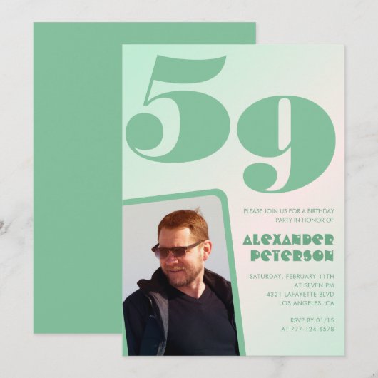 緑グラデーション59th誕生日招待状Boy Photo 招待状 (正面/裏面)