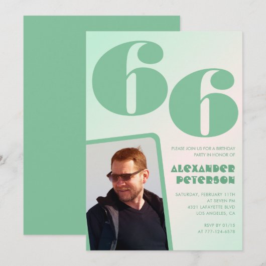 緑グラデーション66th誕生日招待状Boy Photo 招待状 (正面/裏面)