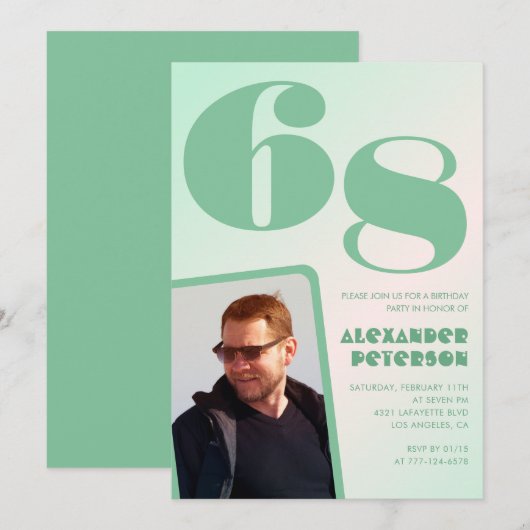 緑グラデーション68th誕生日招待状Boy Photo 招待状 (正面/裏面)