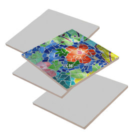 緑コイ魚と赤い花モザイクカラフル タイル