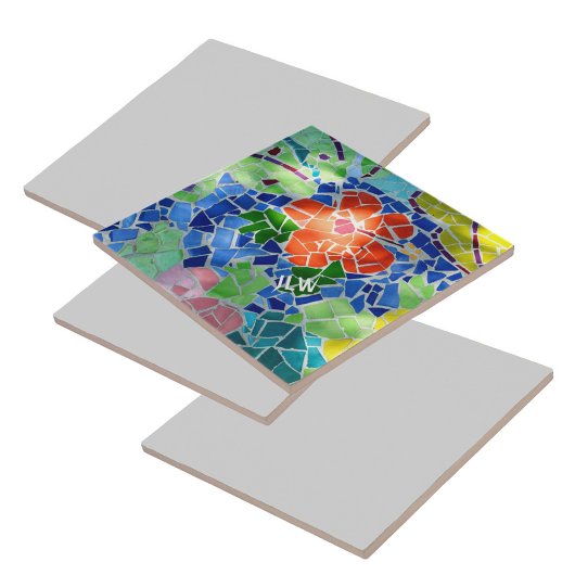 緑コイ魚と赤い花モザイクカラフル タイル