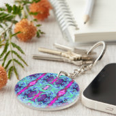 緑サイケデリックと青のハイビスカス模様 キーホルダー (正面右)