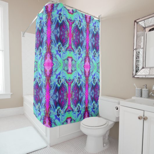 緑サイケデリックと青のハイビスカス模様 シャワーカーテン (インサイチュ)