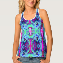 緑サイケデリックと青のハイビスカス模様 タンクトップ