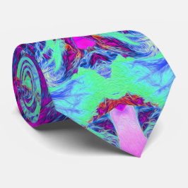 緑サイケデリックと青のハイビスカス模様 ネクタイ