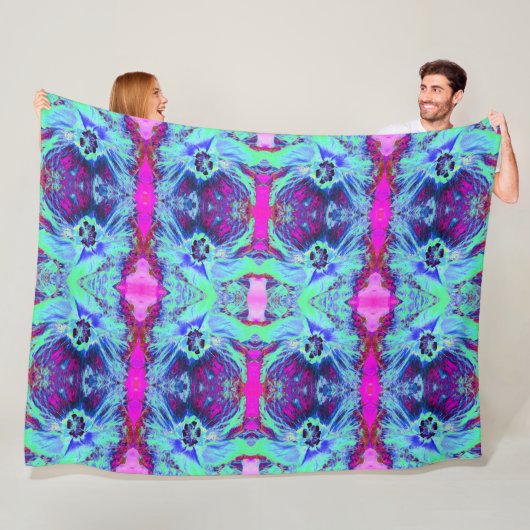 緑サイケデリックと青のハイビスカス模様 フリースブランケット (インサイチュ)