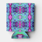 緑サイケデリックと青のハイビスカス模様 缶クーラー (正面)