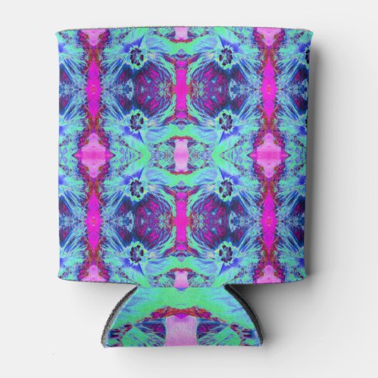緑サイケデリックと青のハイビスカス模様 缶クーラー (正面)