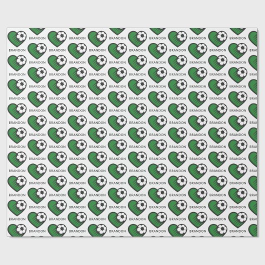 緑サッカー大好きキッズプレーヤーの名前&ボールストライプの ラッピングペーパー (フラット)