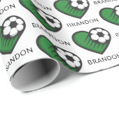 緑サッカー大好きキッズプレーヤーの名前&ボールストライプの ラッピングペーパー (ロールコーナー)