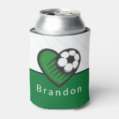 緑サッカー大好きキッズプレーヤーの名前&ボールストライプの 缶クーラー (缶正面)