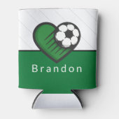 緑サッカー大好きキッズプレーヤーの名前&ボールストライプの 缶クーラー (正面)