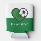 緑サッカー大好きキッズプレーヤーの名前&ボールストライプの 缶クーラー (裏面)