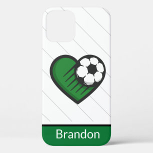 緑サッカー大好きキッズプレーヤーの名前&ボールストライプの iPhone 12ケース