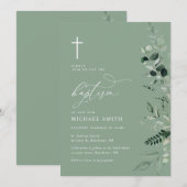 緑シンプルタイポグラフィの洗礼 招待状 (正面/裏面)