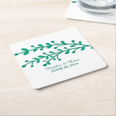 緑シンプル色の結婚葉 スクエアペーパーコースター (アングル)