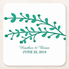 緑シンプル色の結婚葉 スクエアペーパーコースター