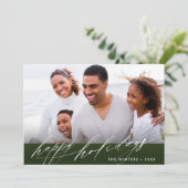 緑スタイリッシュと白のスクリプトのクリスマスフォト シーズンカード (スタンド正面)