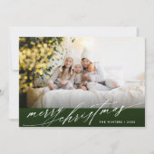 緑スタイリッシュと白のスクリプトのクリスマスフォト シーズンカード (正面)