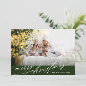 緑スタイリッシュと白のスクリプトのクリスマスフォト シーズンカード (スタンド正面)