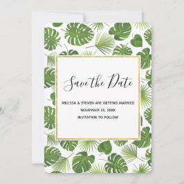 緑スタイリッシュの熱帯葉のパタ結婚ーン セーブザデート