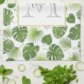 緑スタイリッシュの熱帯葉模様モノグラム キッチンタオル (折り畳み)