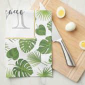 緑スタイリッシュの熱帯葉模様モノグラム キッチンタオル (四つ折り)