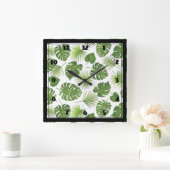緑スタイリッシュの熱帯葉模様 スクエア壁時計 (ホーム)