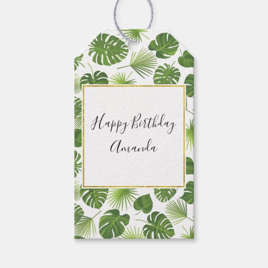 緑スタイリッシュ熱帯葉型誕生日 ギフトタグ (正面)