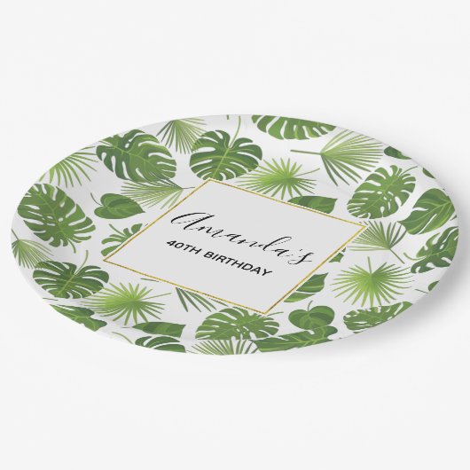 緑スタイリッシュ熱帯葉型誕生日 ペーパープレート (アングル)