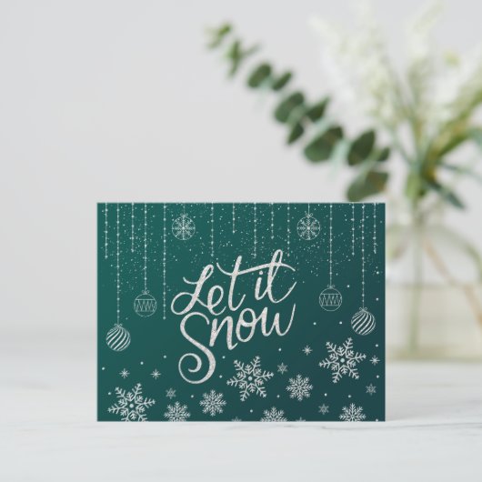 緑スタイリッシュ、銀、雪、クリスマス ポストカード (スタンド正面)