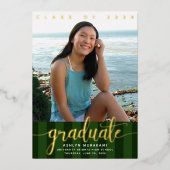 緑ストライプの卒業写真のスクリプ実在金ゴールド 箔招待状 (正面)