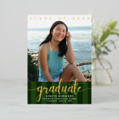 緑ストライプの卒業写真のスクリプ実在金ゴールド 箔招待状 (立ち正面)