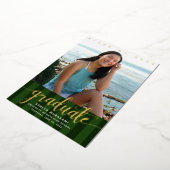 緑ストライプの卒業写真のスクリプ実在金ゴールド 箔招待状 (回転した状態)