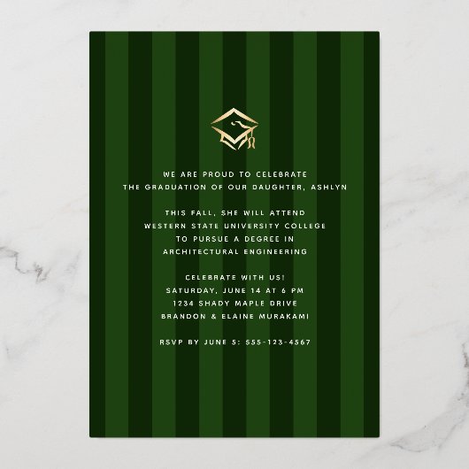 緑ストライプの卒業写真のスクリプ実在金ゴールド 箔招待状 (裏面)