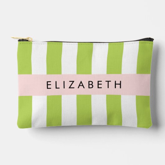 緑ストライプ色の線、パターストライプのン、名前 アクセサリーポーチ (正面)