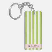 緑ストライプ色の線、パターストライプのン、名前 キーホルダー (正面左)