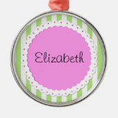 緑ストライプ色の線、パターストライプのン、名前 メタルオーナメント (正面)