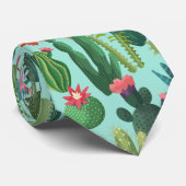 緑ティール(緑がかった色)咲きサボテン模様 ネクタイ (ロール)