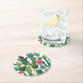 緑ティール（緑がかった色）咲きサボテン模様 ラウンドペーパーコースター (インサイチュ)