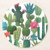 緑ティール（緑がかった色）咲きサボテン模様 ラウンドペーパーコースター (正面)