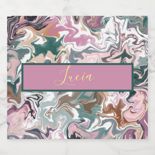 緑パーソナライズされたとピンクの大理石の抽象芸術カスタム スパークリングワインラベル (シングルラベル)