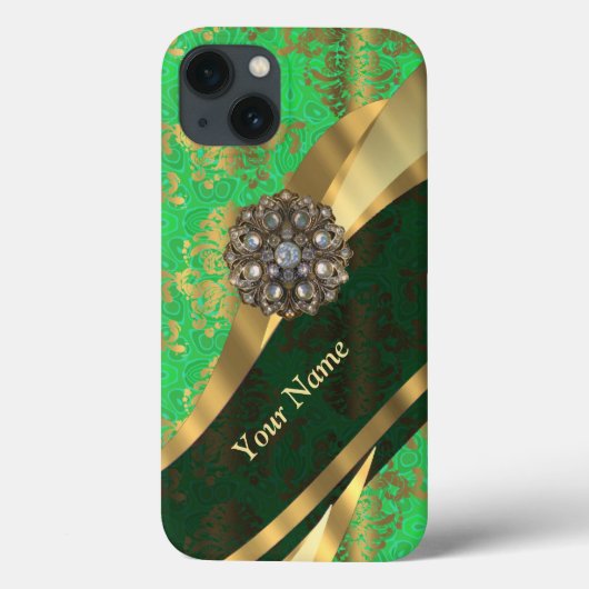 緑パーソナライズされたと金ゴールドのダマスク Case-Mate iPhoneケース (裏面)