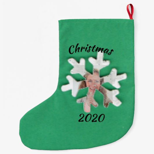緑パーソナライズされたにフォトスノーフレークを追加 ラージクリスマスストッキング (裏面)