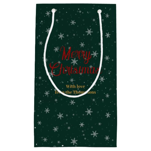 緑パーソナライズされたのクリスマス雪フレーク スモールペーパーバッグ (正面)