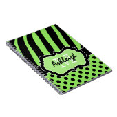 緑パーソナライズされたの白の黒のストライプの水玉模様 ノートブック (右側)